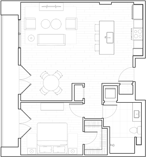 Floor plan for 1 bed, 1 bath, 854 sqft